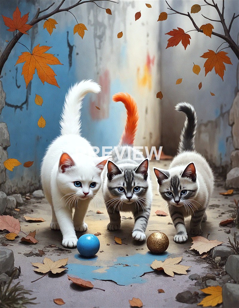 Three cats with different fur patterns and colors are walking on a pathway surrounded by autumn leaves, with two colorful balls in front of them and a background of a weathered wall and trees with falling leaves.